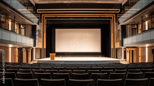 Empty theater with stage, seating, and projection screen