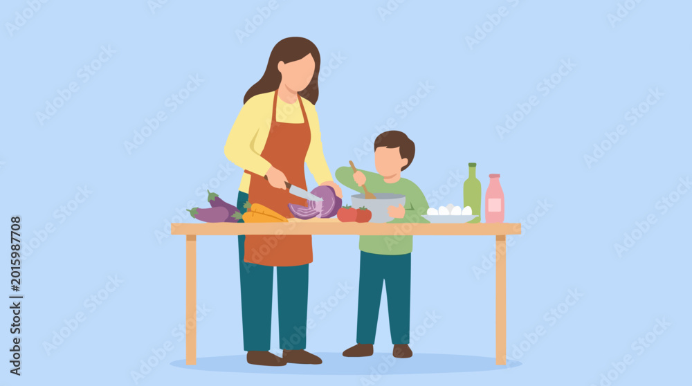 Fototapeta premium Family cooking healthy meal together, mom chopping vegetables, boy stirring