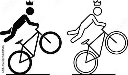 Tableau sur toile Crowned stick figure cyclists performing wheelies, bicycle stunt silhouettes, pl