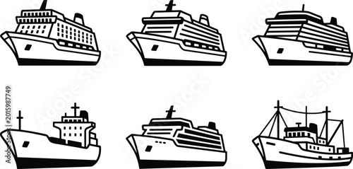 Cruise cargo fishing ships icons, maritime vessel silhouettes artwork decorative vector illustration element for transport, travel, and ocean design, flat vector illustration