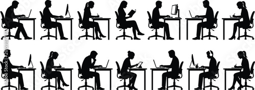 Desk worker silhouettes collection, office study poses, laptop, computer, tablet, reading, writing icons – flat vector illustration