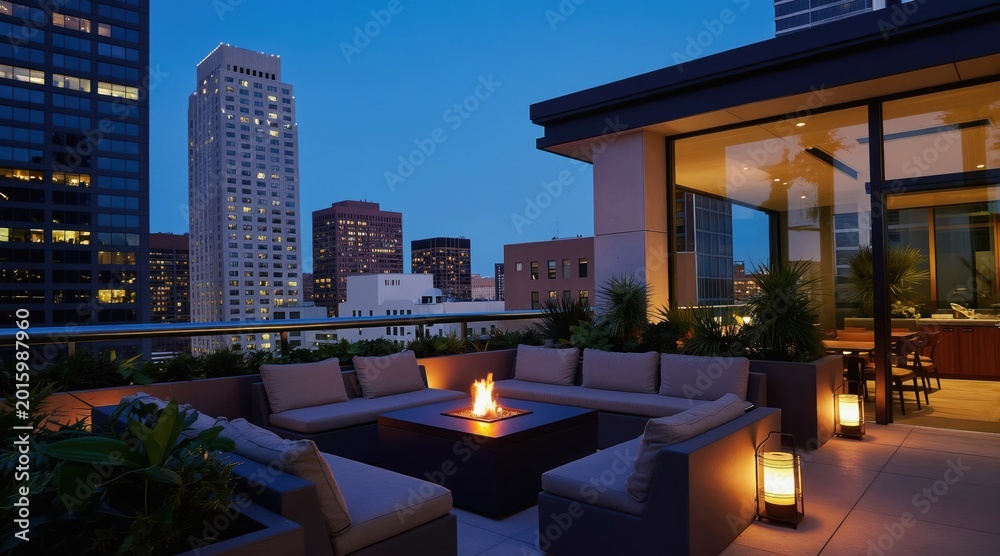 Naklejka premium Rooftop lounge area with city view at dusk. Outdoor seating features fire pit and modern furniture. Tall buildings form urban skyline backdrop. Enjoy evening ambiance.