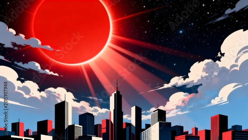Cityscape with solar eclipse