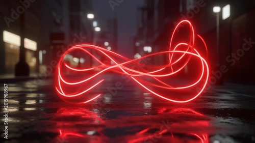 Glowing Red Neon Infinity Symbol Animation on Rainy City Street