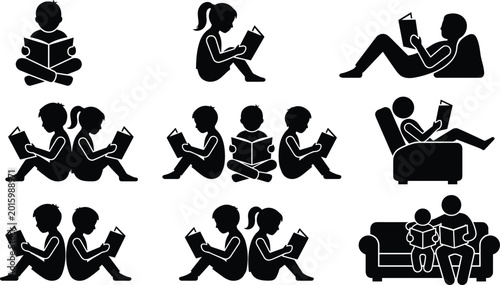 Fotografía Reading people silhouettes collection, adults and children with books, sitting a