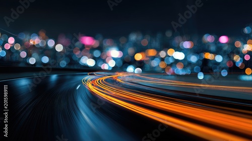 Streaking lights of a city at night blur into a dynamic, abstract composition