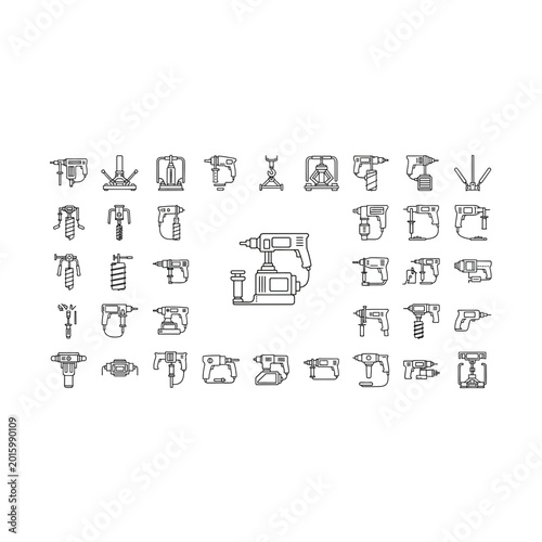 Professional power drill and construction tool icon set with construction