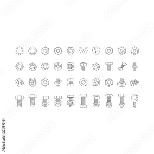 Collection of various engineering hardware fastener icons set with hardware