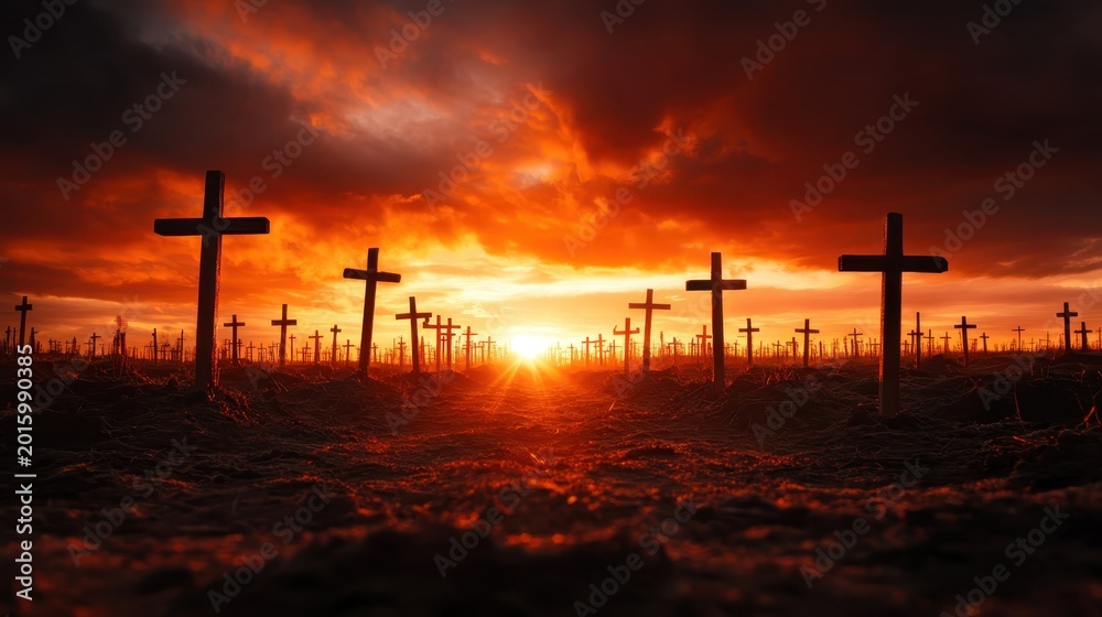 Obraz premium A hauntingly beautiful sunset over a graveyard filled with crosses, capturing the essence of remembrance and the serenity of a final resting place amid glowing hues.