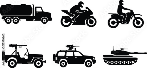 Vehicle silhouettes collection, tanker truck, sport motorcycle, dirt bike, military jeep, armored SUV, tank icons – flat vector illustration