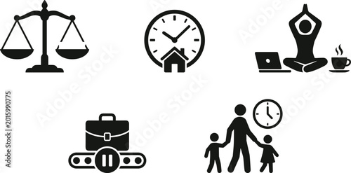Work life balance icons with scale home clock yoga pause and family time, decorative artwork vector illustration element for wellness, productivity, and lifestyle design