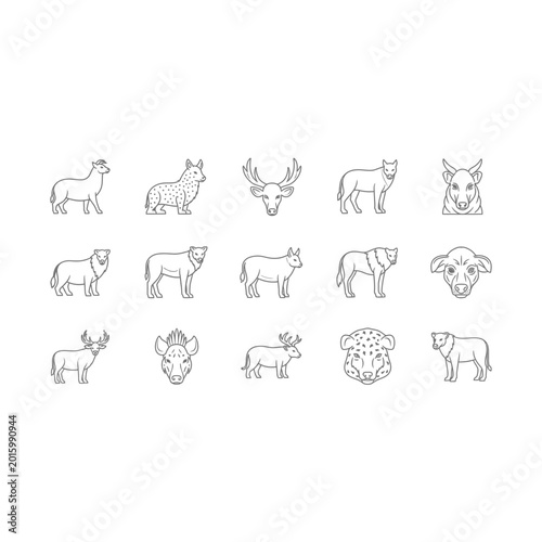 Set of outline animal and wildlife icons with wildlife minimalist creature