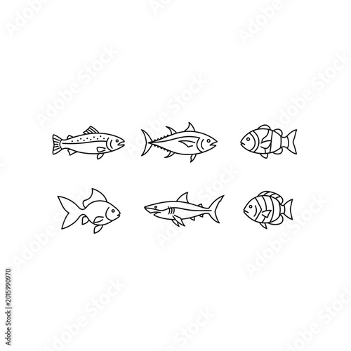Black and white fish species icon set with wildlife illustration collection