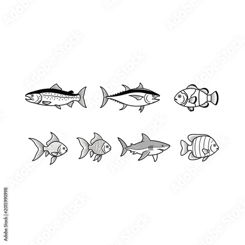 Collection of varied fish species outline icons with wildlife, collection