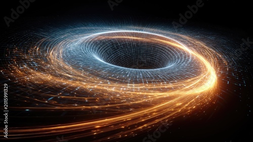 Energetic spiral vortex of light trails, creating a powerful digital vortex