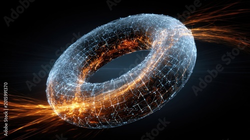 Glowing torus-shaped wireframe with energy streams radiating outwards