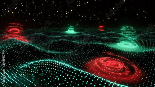 Glowing abstract digital landscape with swirling light pillars