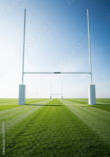 Wide view of an empty, well-maintained rugby pitch featuring tall white goal posts under bright daylight, ready for a match, Rugby, empty, playing