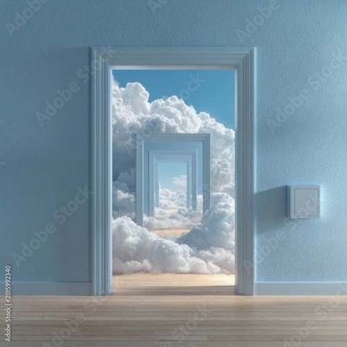 Endless Doors Opening to a Surreal Sky and Cloud Landscape.