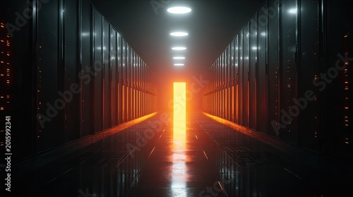 Illuminated server room corridor with glowing orange light at end