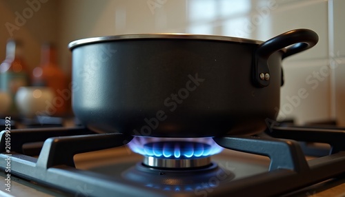 The saucepan is on the gas stove, and the food is being prepared.