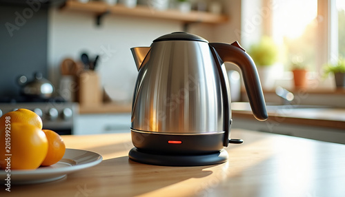 The electric kettle is on the kitchen table.