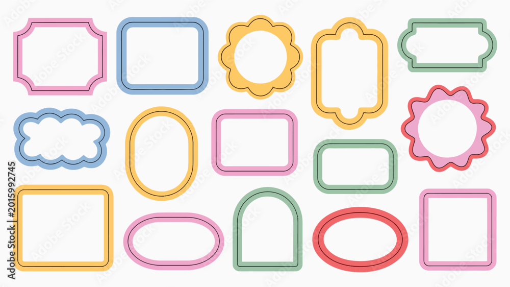 Naklejka premium cute hand drawn doodle frames, pastel colored blank borders, shapes, and text boxes in sketch style