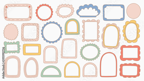 cute hand drawn doodle frames, pastel colored blank borders, shapes, and text boxes in sketch style