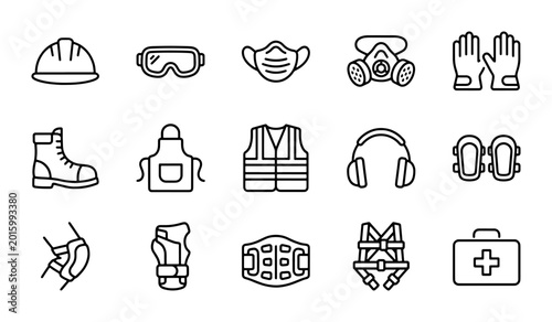 Fotografía Safety Gear Icons: Hard Hat, Goggles, Masks, Gloves, Boots, Vest, Ear Protection
