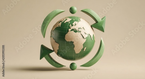 Globe with recycling arrows and green spheres symbolizes environmental cycles