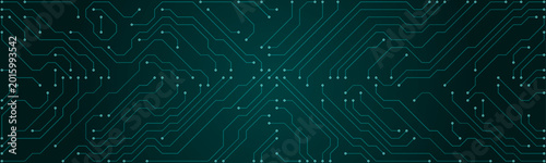 Abstract dark teal circuit board pattern with glowing nodes and intricate pathways on a dark gradient background for technology and digital concepts