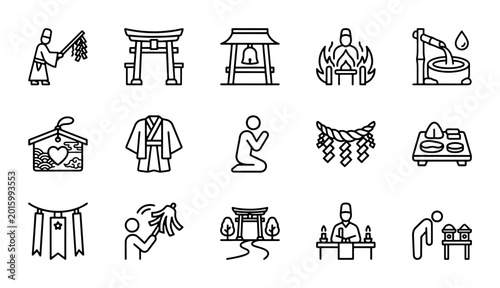 Fotografía Japanese Shinto Icons: Torii Gates, Prayer, Rituals, Shrine Elements, Vector Set