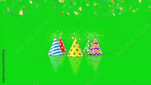 Colorful party hats on green background.