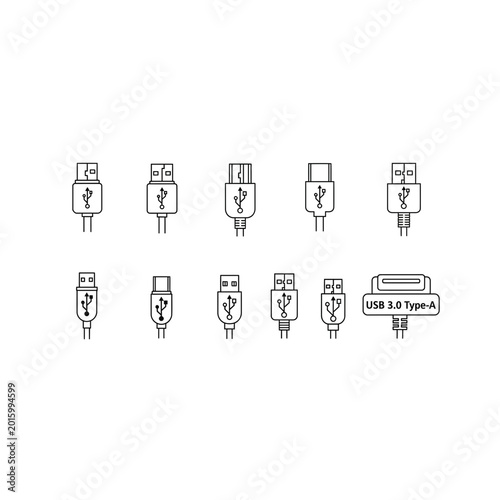 Usb cable connector type icon set for electronic device connectivity
