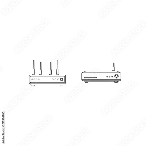 Minimalist line icons of network routers and internet connection hardware