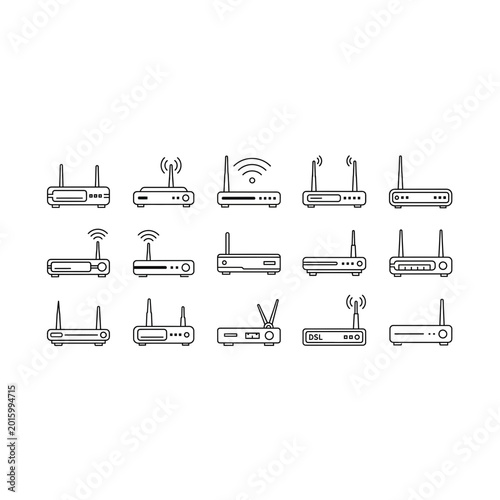Wi-fi router and wireless network device icon collection with internet, wireless