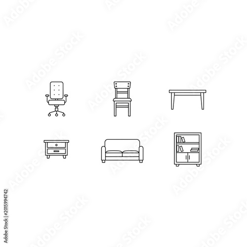 Collection of minimalist furniture line icons for home and office interior