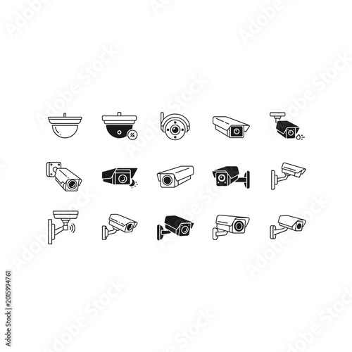 Set of professional security surveillance camera icons and monitoring devices