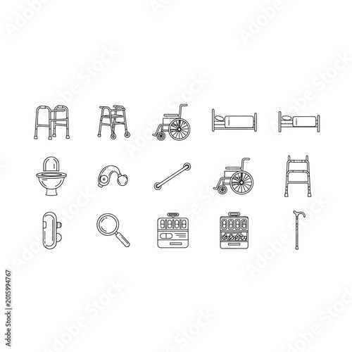 Icons collection for senior living support and mobility accessibility equipment
