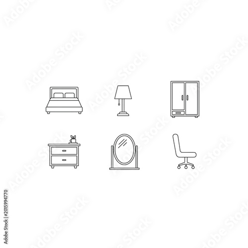 Set of minimalist bedroom furniture line icons including bed and wardrobe