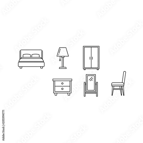 Bedroom furniture icon collection line art illustration with furniture, wardrobe