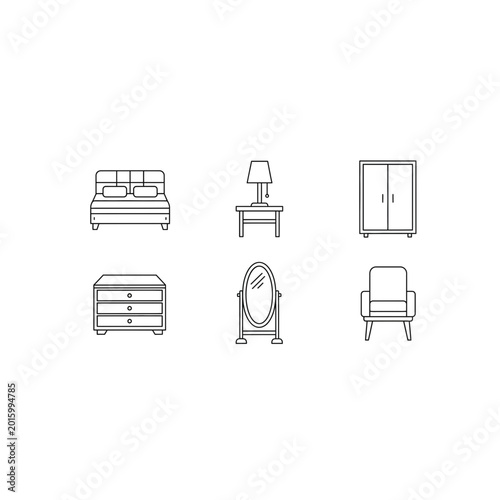 Bedroom furniture icon set featuring bed and storage drawer furniture wardrobe