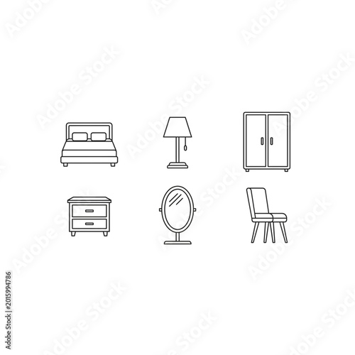 Minimalist bedroom furniture line icon set featuring bed and mirror, furniture