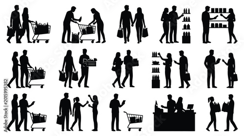 Shopping people silhouettes couples families grocery shopping supermarket cart buying products healthy food.