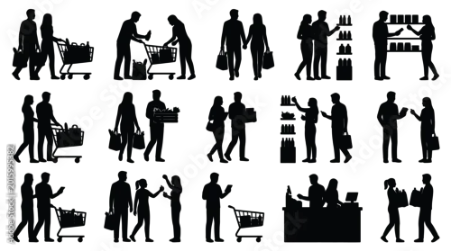 Fototapeta na wymiar Shopping people silhouettes couples families grocery shopping supermarket cart buying products healthy food.