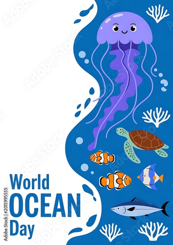 World ocean day illustration with jellyfish, turtle, clownfish and other sea creatures