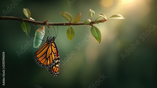 A monarch butterfly emerges from its chrysalis on a branch