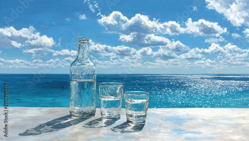 Refreshing clear water in glass bottles and cups by the sea