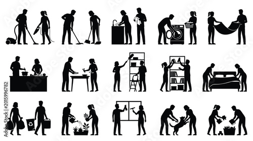 People doing household chores silhouettes cleaning cooking laundry and preparing bed isolated on white.