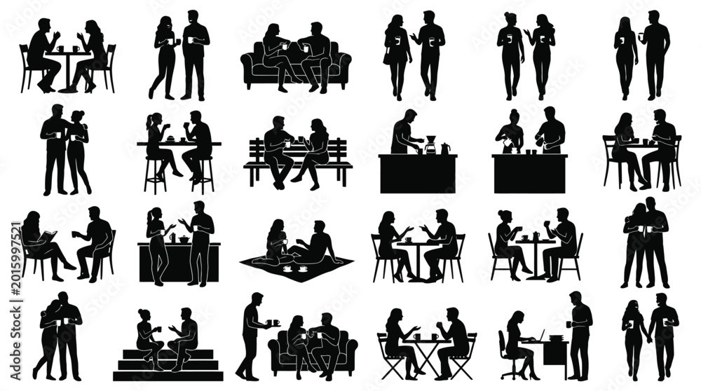 Obraz premium People drinking coffee and conversation silhouettes collection set in home and public atmosphere set.